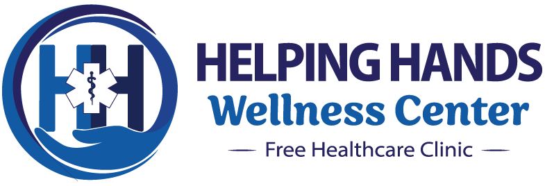 Helping Hands Wellness Center logo with hands, medical symbol, and text: Free Healthcare Clinic.