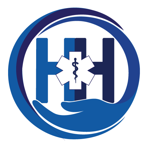A blue hand supports two "H" letters with a medical symbol in the center, all enclosed in a circular design.