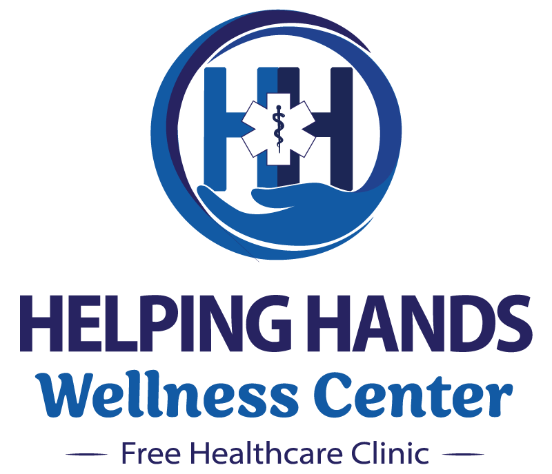 Logo for Helping Hands Wellness Center with a hand, medical symbol, and the text "Free Healthcare Clinic.
